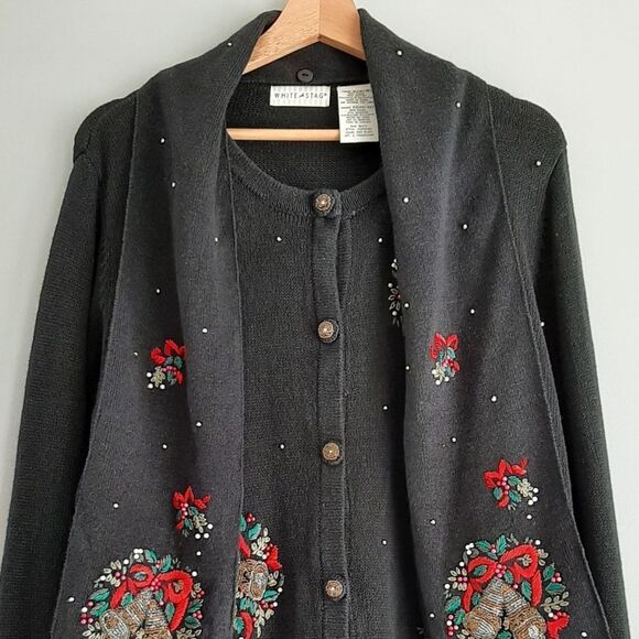 WHITE STAG Vintage Embroidery & Bead Work Christmas Bells Cardigan Sweater Sz XL - Picture 2 of 16